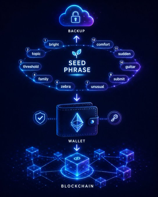 This image is an illustrated schematic for blockchain technology and seed phrases. The post relates to the image by explaining what a seed phrase is and how it works to recover a wallet, just as the graphic depicts.