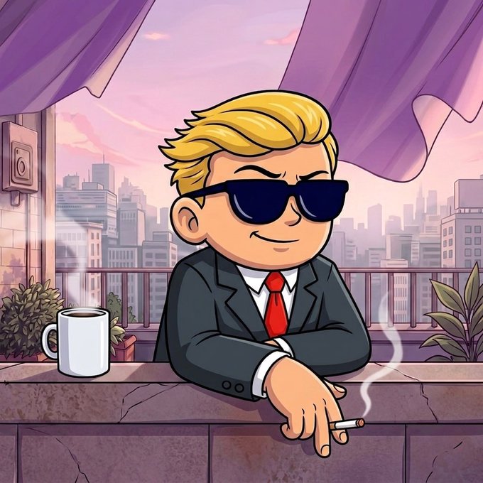 A cartoon character with blonde hair, sunglasses, and a suit sits on a balcony overlooking a cityscape, casually smoking a cigarette with a steaming coffee mug beside him, embodying a confident, relaxed "accumulation season" vibe that matches the bullish $YOLO sentiment.