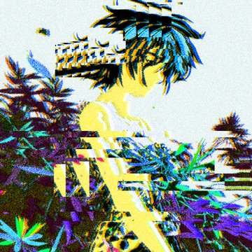 An abstract, glitch-art style digital illustration of a yellow silhouette figure surrounded by colorful botanical patterns on a textured cream background.