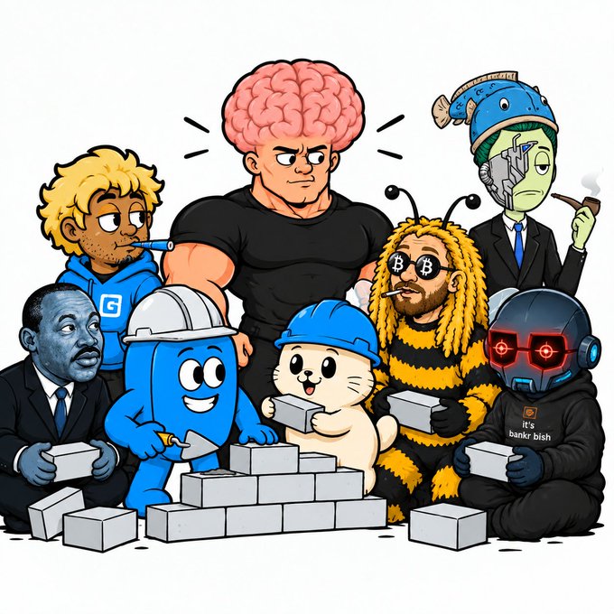 A colorful cartoon illustration featuring various internet/meme personalities, including a man with an exposed brain, a honey-bee figure with Bitcoin glasses, a character in blue holding bricks, and others building with concrete blocks.
