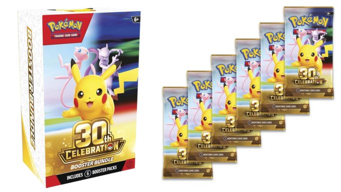 A Pokémon 30th Celebration Booster Bundle box is displayed alongside its 6 included booster packs, featuring Pikachu and Mewtwo on the packaging. The "PLEASE STILL BE AVAILABLE WHEN I GET THROUGH" comment reflects a buyer's urgency to purchase this collectible item before it sells out.