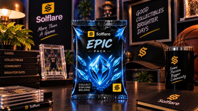 A Solflare 'EPIC PACK' collectible trading card pack displayed alongside branded merchandise including a tumbler, cap, and CD cases with slogans like 'GOOD COLLECTIBLES BRIGHTER DAYS'.