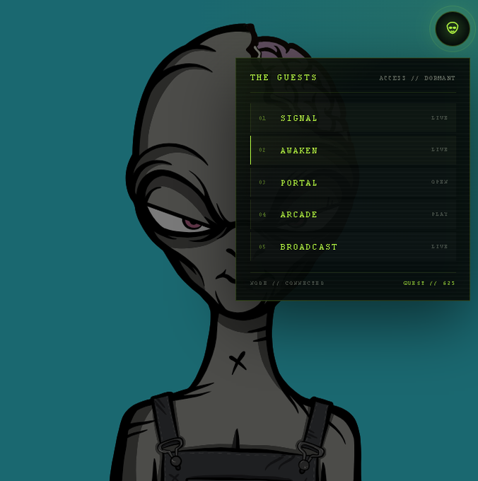 A dark, stylized character illustration partially obscured by an overlay menu titled 'THE GUESTS' with options like '01 SIGNAL', '02 AWAKEN', and '04 ARCADE'.