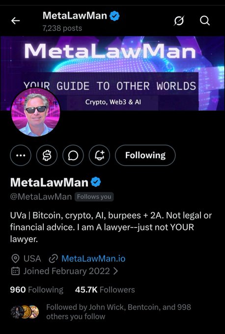 The image shows the Twitter/X profile of "MetaLawMan" (@MetaLawMan), a verified account with 45.7K followers and 7,238 posts, featuring a banner reading "Your Guide to Other Worlds - Crypto, Web3 & AI." The accompanying post by Dr. Nguyen (@MetaLawMan) highlights this profile as the source of a special shoutout to Attorney James Jeffrey, an XRP OG from the community, encouraging followers to connect with him.