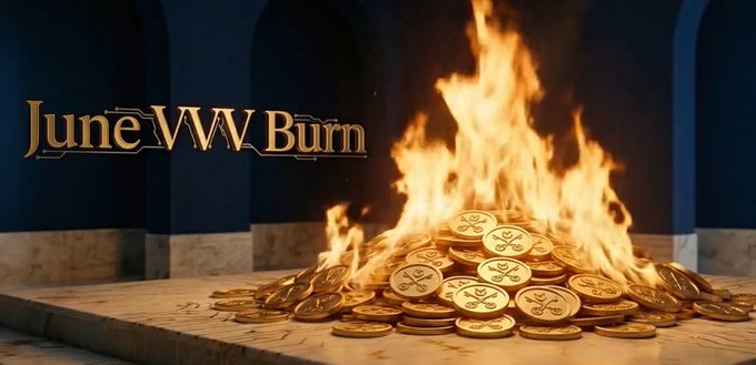 The image features a large pile of gold coins, with some of them burning brightly as they are set ablaze. The fire appears to be located near a building or an archway, adding to the dramatic effect. In front of this scene is a sign that reads "JuneVV Burn". The text on the sign and the surrounding area suggests that it might be related to a movie poster for a film featuring JuneVV Burn as its central theme.