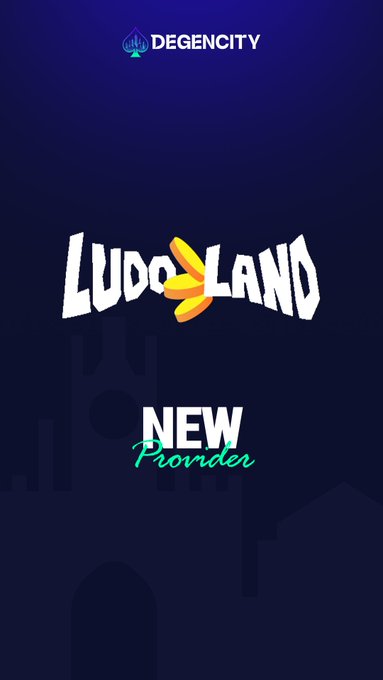 This image announces that LUDOLAND is a new provider for DEGENCITY. The DEGENCITY logo is visible at the top, and the LUDOLAND logo with coins is prominently displayed.