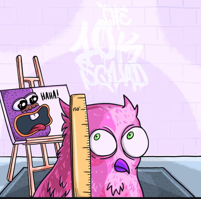 Cartoon image of the same pink cat character looking surprised while being measured with a ruler, with a laughing purple cartoon face on an easel beside it, under a 'THE ADS ROOM' logo.