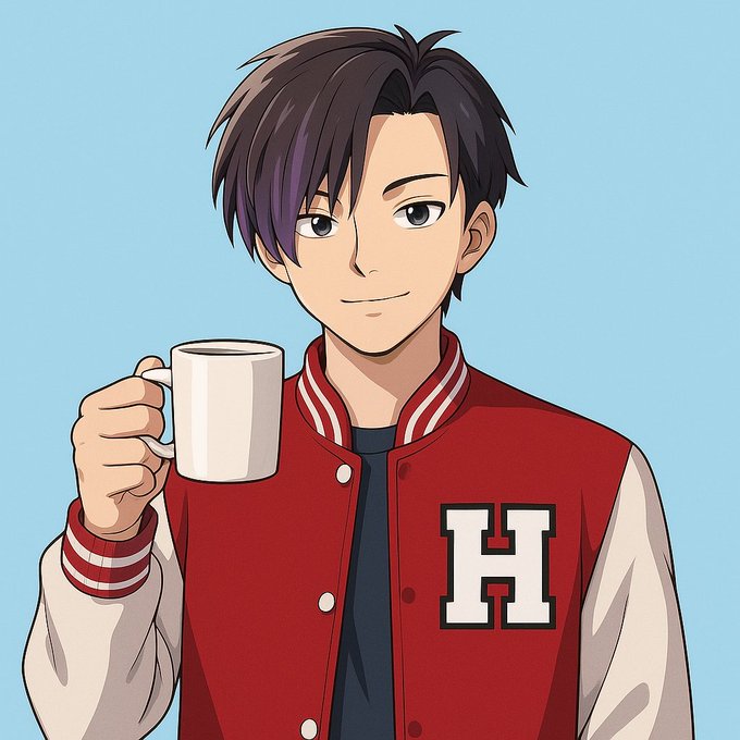 A young man with dark, purple-tinted hair holds up a white coffee mug while wearing a red varsity jacket featuring a prominent white "H" on the chest. The image accompanies the post's "gm" (good morning) greeting, with the character ready to enjoy his morning coffee and count the day.