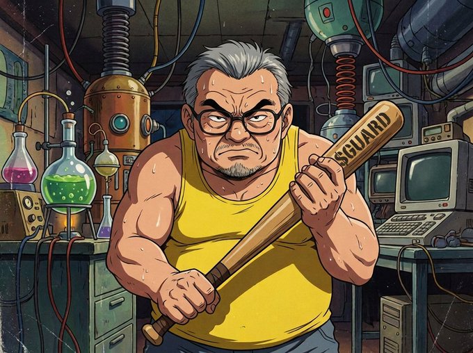 An angry, muscular uncle in a yellow tank top grips a baseball bat labeled "GUARD" in a chaotic laboratory filled with bubbling beakers and retro computers, channeling the "Angry Uncle" meme's fierce energy to defend law and order. The intense, determined expression on his face perfectly captures the rallying cry to enter the trenches and fight back.
