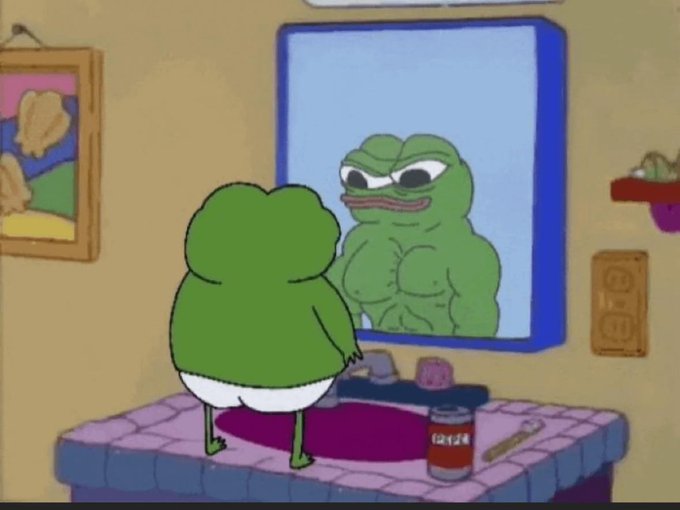 The image features a cartoon frog wearing white shorts, standing next to a bathroom mirror with its reflection staring back at it. The scene includes various objects such as a toothbrush, can of soda, and a cup. There are also some words visible in the image that seem unrelated to the main subject matter but could be part of an explanation or description for the cartoon frog's appearance.