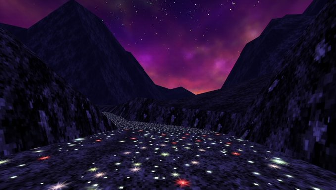 A nighttime 3D rendered scene shows a rocky path between dark mountains, scattered with glowing colorful lights, under a purple and pink starry sky.