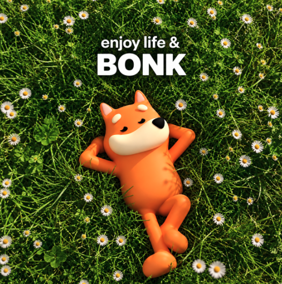 A 3D-rendered orange fox character relaxes on its back with hands behind its head in a lush green grassy field scattered with white daisies. The text "enjoy life & BONK" is displayed prominently at the top of the image.