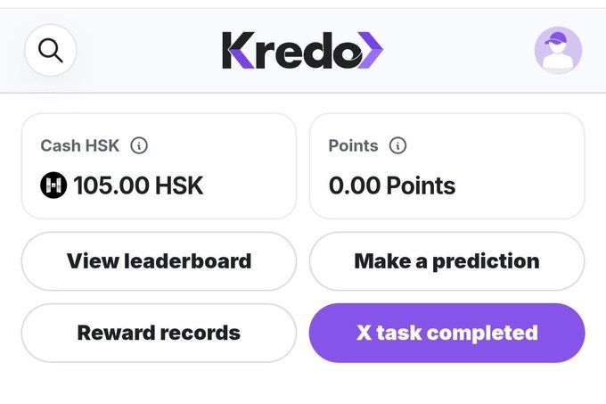 The image shows a Kredo platform dashboard displaying a balance of 105.00 HSK in the Cash HSK section and 0.00 Points, with options to view the leaderboard, make a prediction, check reward records, and confirm "X task completed" in purple, aligning with the post's instructions to complete the X task to claim 100 HSK on kredo.fun.