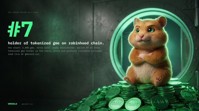 A promotional graphic for tokenized games on Robinhood chain featuring a cute orange cat sitting on a pile of GME tokens, labeled '#7 holder of tokenized game on robinhood chain' with the contract address '0x9ea1d.xyz'.
