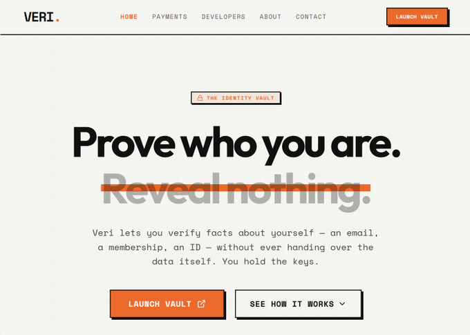 The VERI website homepage with the tagline 'Prove who you are. Reveal nothing.' and a description that Veri lets users verify facts about themselves without handing over the underlying data.