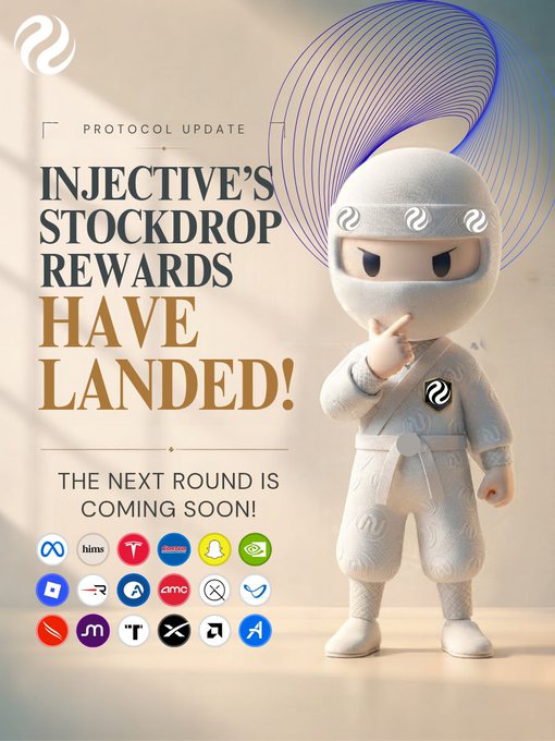 A promotional graphic for Injective announces "Protocol Update: Injective's Stockdrop Rewards Have Landed! The Next Round Is Coming Soon!" featuring a white ninja mascot alongside a grid of partner network and exchange logos, visually reinforcing the post about the protocol's first Stockdrop reward distribution as part of its Community BuyBack program where users commit $INJ tokens.