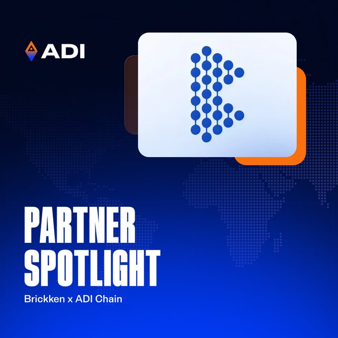 A blue "Partner Spotlight" graphic featuring the ADI logo and the Brickken logo, with text "Brickken x ADI Chain" beneath the headline, highlighting the partnership between the two companies in tokenizing real-world assets.