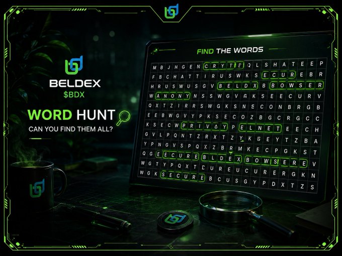 A promotional image for the Beldex ($BDX) "Word Hunt" challenge, featuring a dark-themed laptop screen displaying a word search puzzle with highlighted terms like "CRYPTO," "BELDEX," "BROWSER," "ANON," "PRIVACY," "BELNET," and "SECURE," alongside the Beldex logo, a coffee mug, and a magnifying glass on a desk. The image visually ties to the caption's description of Beldex hiding project-related vocabulary within the puzzle for the community to find.