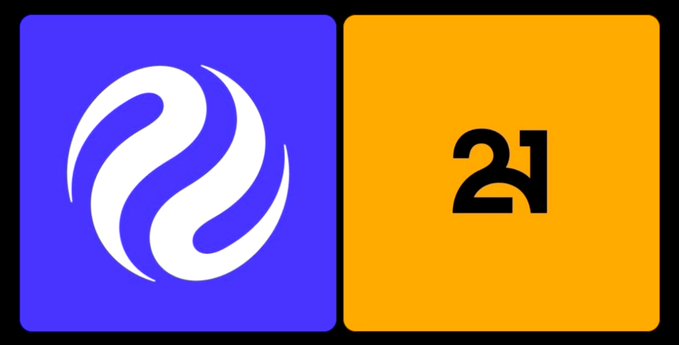 Two square logos are displayed side by side: a white Injective logo on a blue background on the left, and a black stylized '21' on a yellow-orange background on the right.
