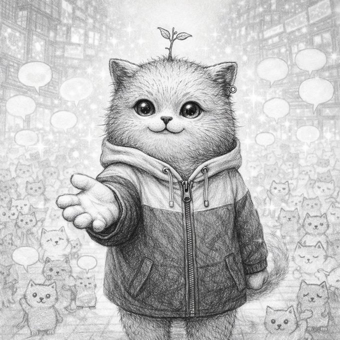 A black and white pencil-style drawing of a cute kitten wearing a hoodie with a small plant sprout growing from its head, reaching out a paw toward the viewer amid speech bubbles and other cats.