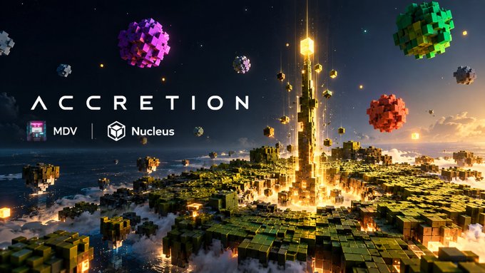 A promotional image for 'ACCRETION' by MDV and Nucleus shows a voxel-based fantasy landscape with floating cubes, a central tower, and a sunset sky.
