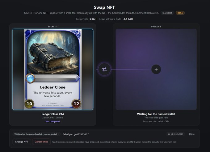 A 'Swap NFT' interface showing a trading card titled 'Ledger Close' with stats 10/12 in Socket 1, paired against Socket 2 which is waiting for a named wallet, with a 5 XAH fee per side.
