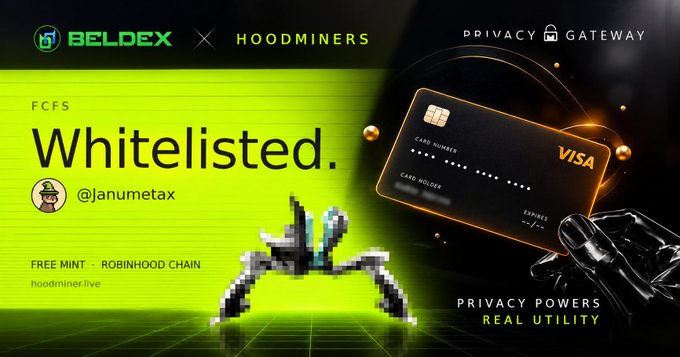 An advertisement for BELDEX × HOODMINERS featuring a pixel art character, text reading 'FCFS Whitelisted @janumetax,' and a black Visa credit card labeled 'PRIVACY GATEWAY.'