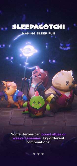 A promotional image for 'SLEEPAGOTCHI - MAKING SLEEP FUN' featuring cartoon animal characters with the text 'Some Heroes can boost allies or weaken enemies. Try different combinations!'