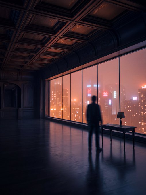 A silhouetted man stands in a dark, ornate room looking out a large window at a hazy, neon-lit cityscape at night.