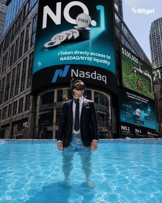 A person in a suit and VR headset stands in a pool with a giant Nasdaq billboard displaying "NO.1 RWA" and Bitget branding, advertising "rToken directly access to NASDAQ/NYSE liquidity."