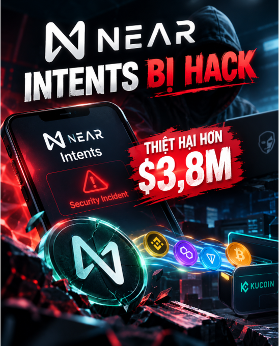 A Vietnamese-language graphic reporting a hack on NEAR Intents, stating losses of over $3.8M ($3,8M) due to a security incident, featuring logos for NEAR, KuCoin, and other cryptocurrencies.