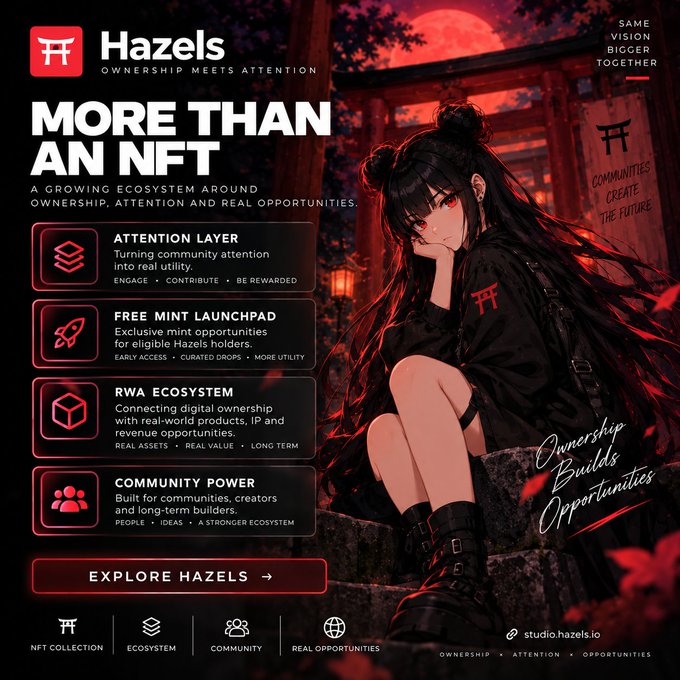 A promotional graphic for 'Hazels' with the tagline 'OWNERSHIP MEETS ATTENTION' and 'MORE THAN AN NFT', featuring an anime-style female character in a dark setting with red accents, listing features like 'ATTENTION LAYER', 'FREE MINT LAUNCHPAD', 'RWA ECOSYSTEM', and 'COMMUNITY POWER' with the URL 'studio.hazels.io'.