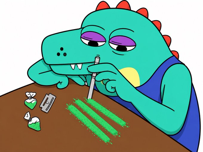 A cartoon green dinosaur in a blue tank top, with droopy purple-eyeshadow eyes, snorts lines of green powder off a table next to a razor blade and small baggies.