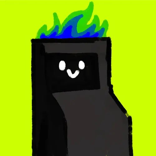 A simple digital drawing features a black character with a smiling face and blue-green flames on its head, set against a bright yellow-green background.