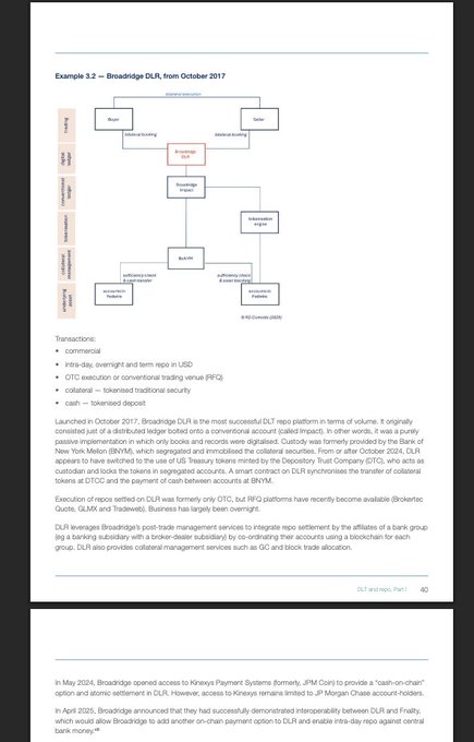 A document page titled 'Example 3.2 — Broadridge DLR from October 2017' showing a transaction process flowchart and explanatory text about the successful DLR repo platform implementation.