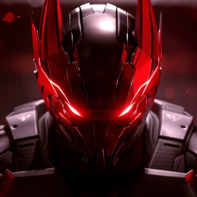 A close-up digital illustration of a futuristic robotic helmet with glowing red eyes and sharp metallic features.