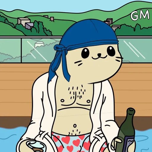 A cartoon illustration of a cat-like character wearing a blue bandana and open robe, sitting on a bench by water, with 'GM' visible in the upper right corner.