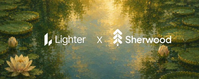 An announcement banner for a partnership between 'Lighter' and 'Sherwood' is displayed over a Monet-style painting of water lilies.