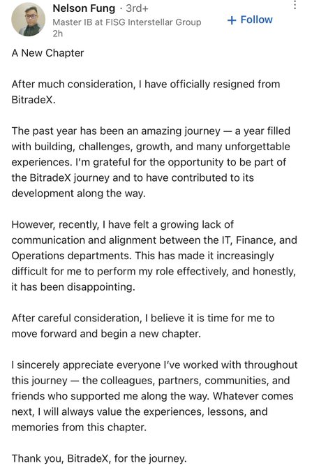 A LinkedIn post by Nelson Fung, Master IB at FISG Interstellar Group, announcing his resignation from BitradeX. He cites a "growing lack of communication and alignment between the IT, Finance, and Operations departments" as his reason for leaving after a year with BitradeX.