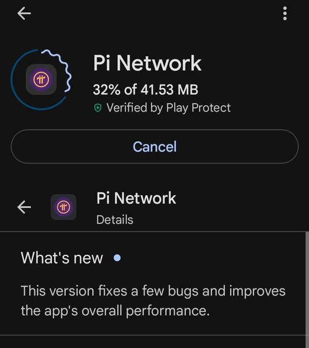 The image shows an Android app update screen for "Pi Network" with a circular progress indicator displaying "32% of 41.53 MB" and a "Verified by Play Protect" badge, alongside a "Cancel" button. Below, an expandable details section reveals "What's new" notes stating "This version fixes a few bugs and improves the app's overall performance," which directly corresponds to the accompanying post about the Pi Network version 1M46M1 update highlighting bug fixes and performance improvements.