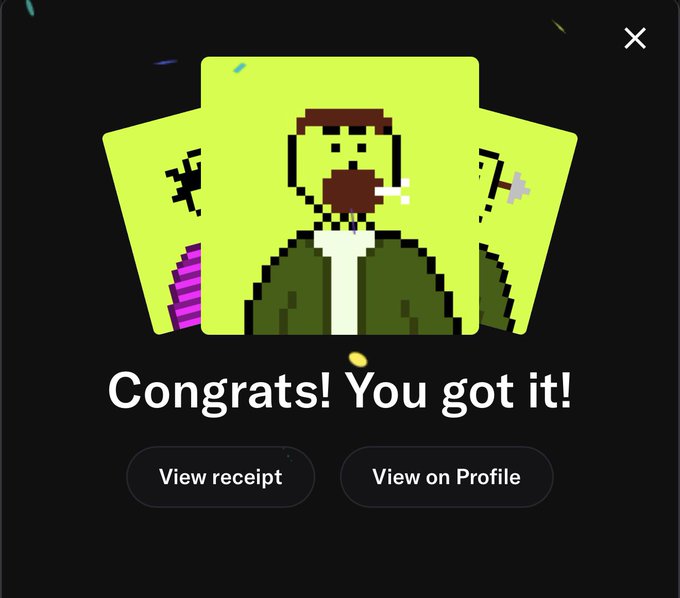A pop-up celebrates a successful NFT purchase with a pixelated bearded figure in green, accompanied by the text "Congrats! You got it!" and buttons to "View receipt" and "View on Profile." This depicts the user acquiring a new NFT asset, likely one of the "merry men" collectibles they mention holding in their post.
