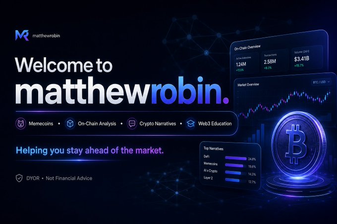 A welcome graphic for 'matthewrobin' with the tagline 'Helping you stay ahead of the market', featuring categories like Memecoins, On-Chain Analysis, Crypto Narratives, and Web3 Education.