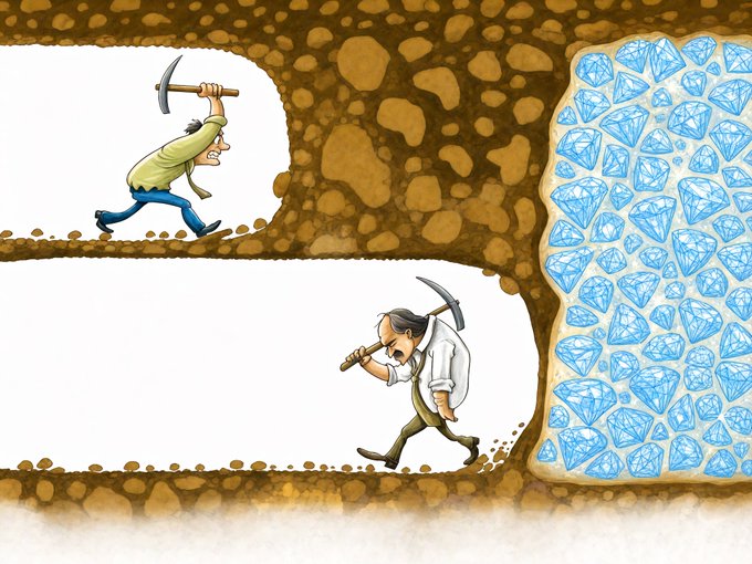 Two determined miners with pickaxes tunnel through dirt and rock, inching closer to a glittering vein of blue diamonds—mirroring the crypto enthusiasm of the post, which rallies XRP holders to "keep digging" as their asset appears tantalizingly within reach.