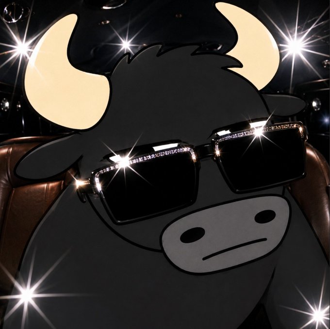 A cartoon black bull wearing diamond-studded sunglasses sits in a leather chair against a backdrop of bright, sparkling stage lights.