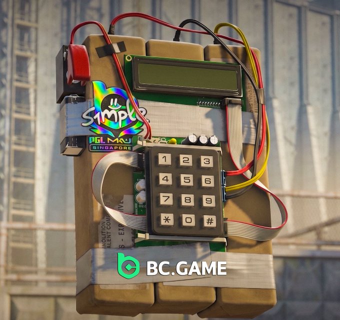 A bomb prop from CS:GO covered in wires and a keypad, featuring 's1mple PGL Major Singapore' and 'BC.GAME' stickers.