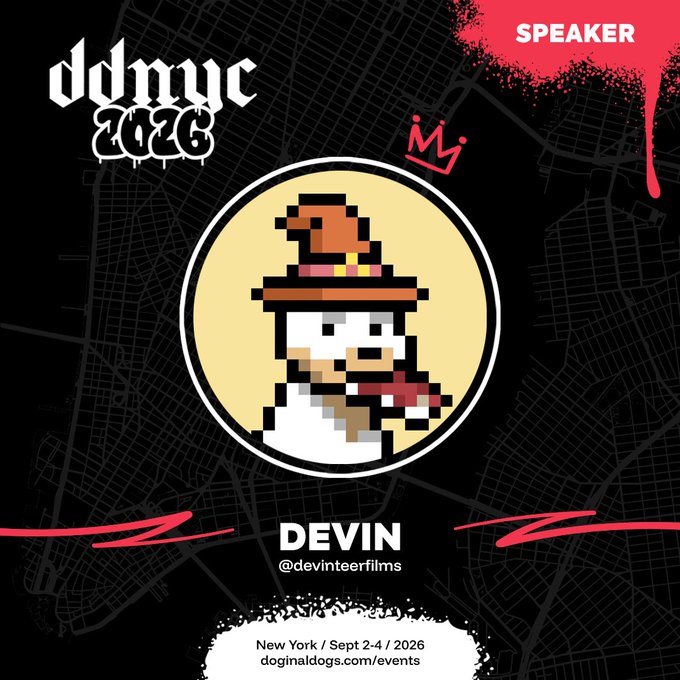 An event poster for 'ddmyc 2026' announces speaker 'DEVIN' (@devinteerfilms) for New York Sept 2-4, 2026, featuring pixel art of a dog wearing a hat.
