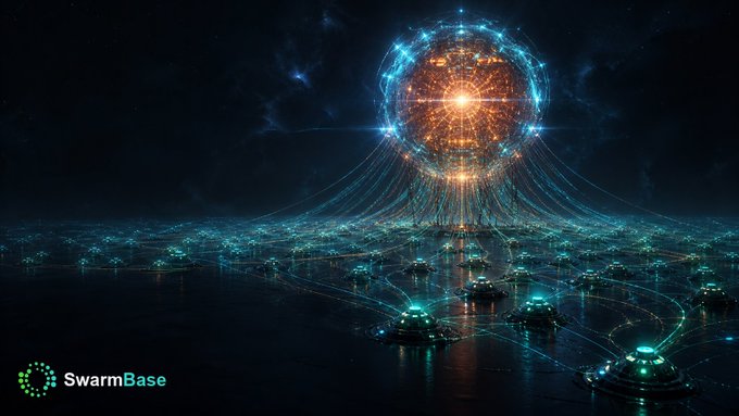 A dark, glowing sci-fi illustration of a networked structure of futuristic platforms on water, connected by blue light beams, with the 'SwarmBase' logo in the bottom left.