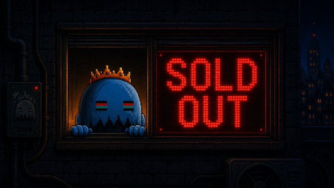 A pixel-art blue crowned character with a pride eye patch peeks out of a window next to a glowing red LED sign reading "SOLD OUT," visually announcing the sold-out status of the Stonkers NFT launch.