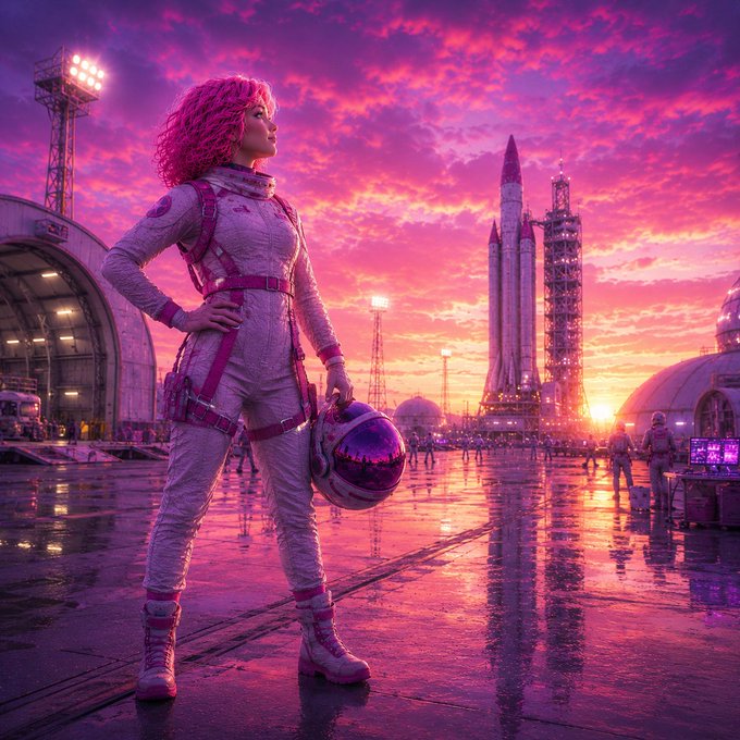 A woman with pink hair in a white and pink astronaut suit holds a helmet, standing at a spaceport with rockets under a pink and purple sunset sky.
