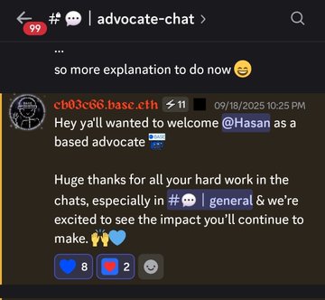 A Discord screenshot showing a message in the #advocate-chat channel welcoming @Hasan as an advocate, with thanks for hard work in the chats.